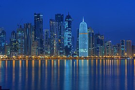 West Bay district of Doha seen from the corniche at night
